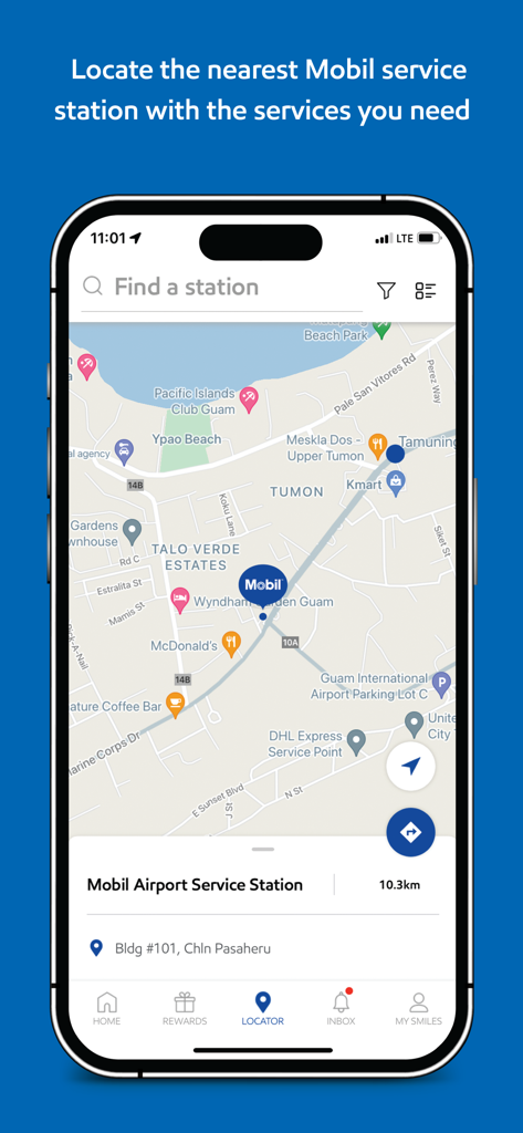 Mobil Guam app station locator showing a map of service stations and details for the Mobil Airport Service Station