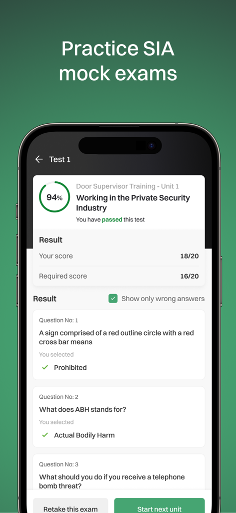 GuardPass by Get Licensed - 94％のスコアでSIA模擬試験の合格結果を示すGuardPassアプリのインターフェイス