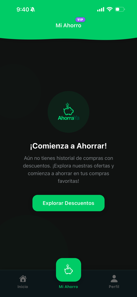 Ahorra Ya - Pantalla Mis Ahorros de la app Ahorra Ya con una indicación para explorar descuentos