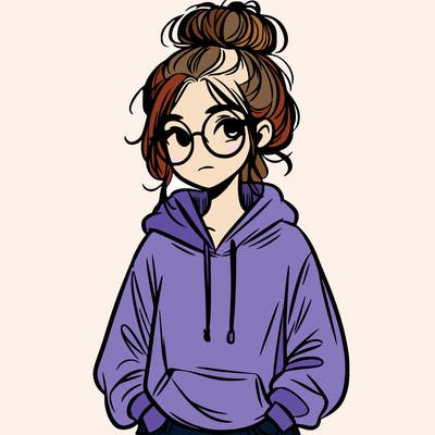 teen girl with a messy bun and glasses wearing a loose hoodie and jeans