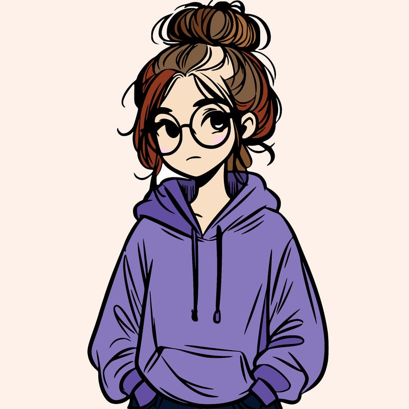 teen girl with a messy bun and glasses wearing a loose hoodie and jeans