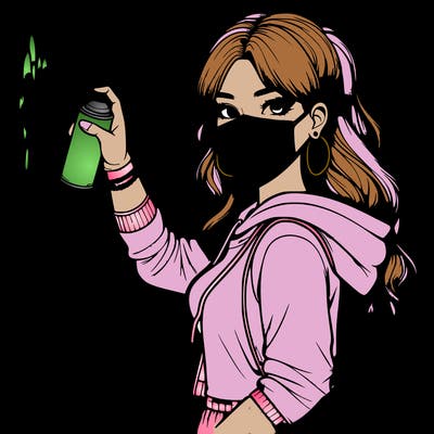 realistic girl with mask spray painting a wall