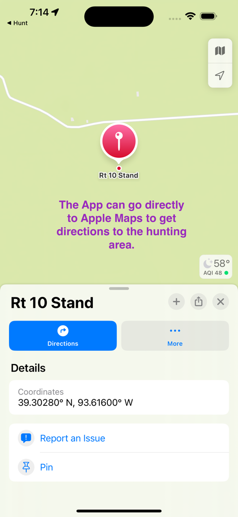 Whitetail Hunter U.S. - Map interface of Whitetail Hunter U.S. app showing directions and GPS coordinates for a specific hunting stand