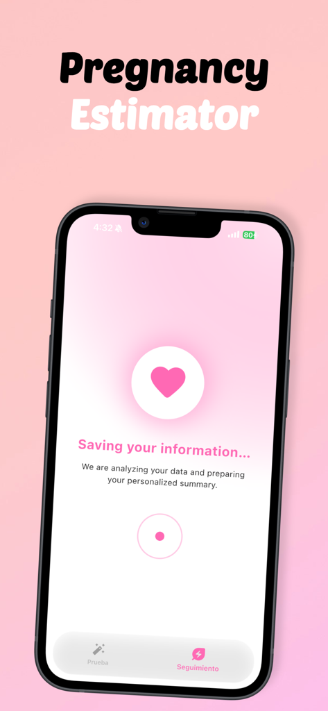 Pregnancy Test Checker Quiz - Smartphone screen displaying a pregnancy probability analysis loading page with a heart icon