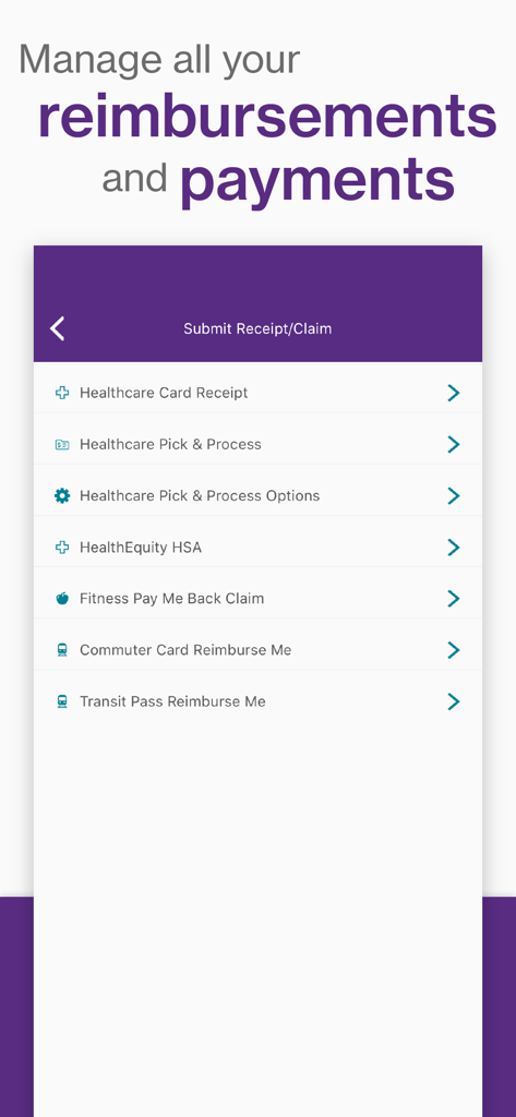 EZ Receipts app screen titled Submit Receipt Claim listing options for healthcare and commuter reimbursements