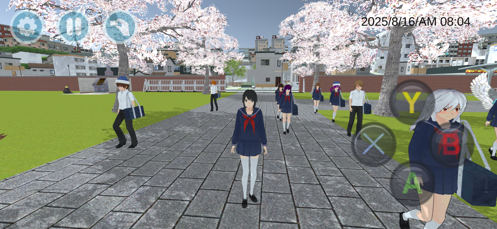Anime students in school uniforms walking on a campus path with cherry blossom trees in High School Simulator 2018