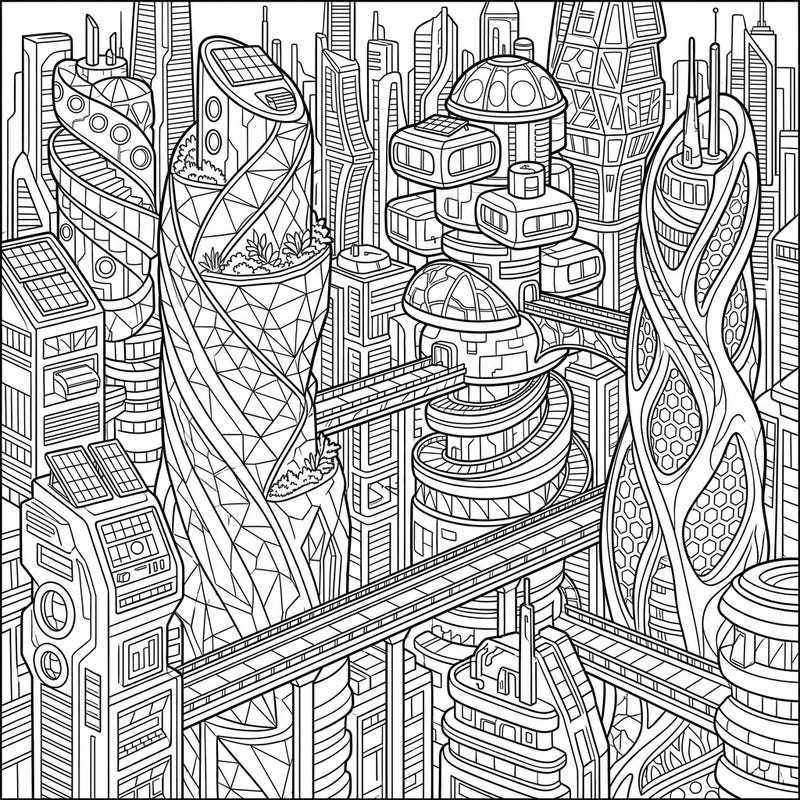 Step into a breathtaking future with this intricate coloring page of majestic futuristic skyscrapers. Discover advanced architecture, spiraling towers, and sky-high walkways waiting for your creative touch.