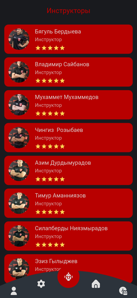 Tela de aplicativo móvel mostrando uma lista de instrutores de fitness com fotos de perfil e classificações por estrelas