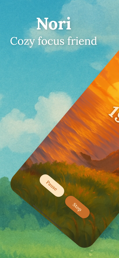 Nori - Cozy Focus Friend - App interface of Nori Cozy Focus Friend showing a focus timer with a calming sunset meadow background