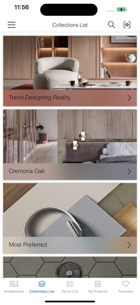 Kronodesign - Kronodesignアプリのインターフェース。インテリアデザインの素材コレクションが表示されています。