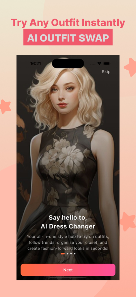 Welcome screen for AI Outfit Swap app showing a virtual fashion try-on feature