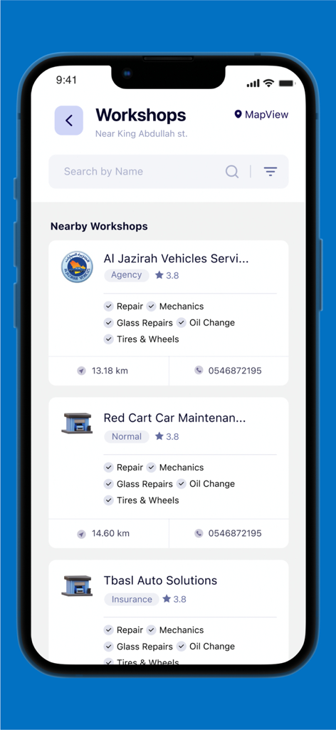 Ertah (Auto & Vehicles) - A list of nearby auto repair workshops in the Ertah app showing ratings, services, and distance.
