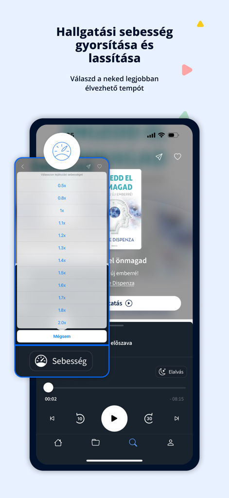 Un'interfaccia mobile dell'app Voiz Hangoskönyvtár che mostra opzioni di velocità di riproduzione regolabili per audiolibri che vanno da 0,5x a 2,0x
