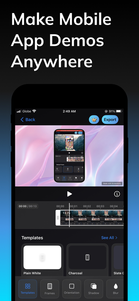 Screenfully app interface showing video editing tools for mobile app demos with templates and device frames