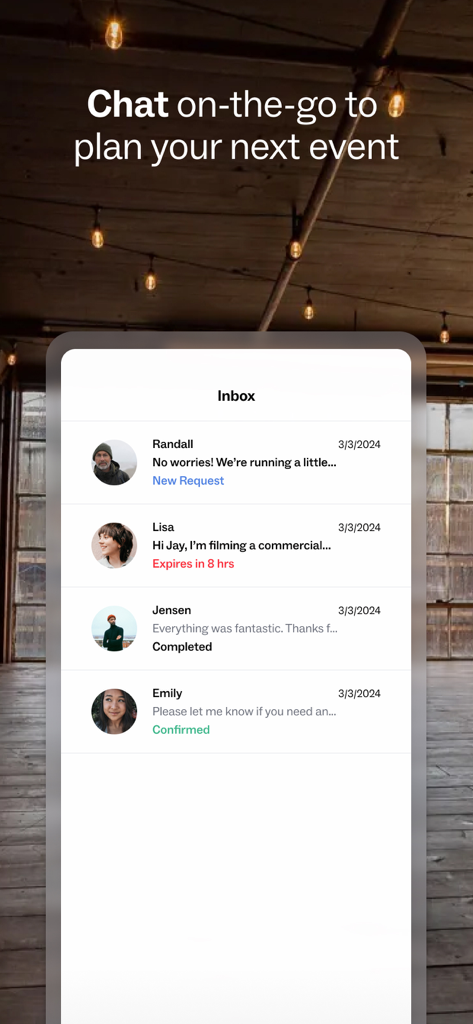 Peerspace app inbox interface showing chat messages for event planning and venue booking