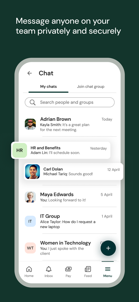 UKG Pro app interface showing secure private and group chat messages for workplace collaboration