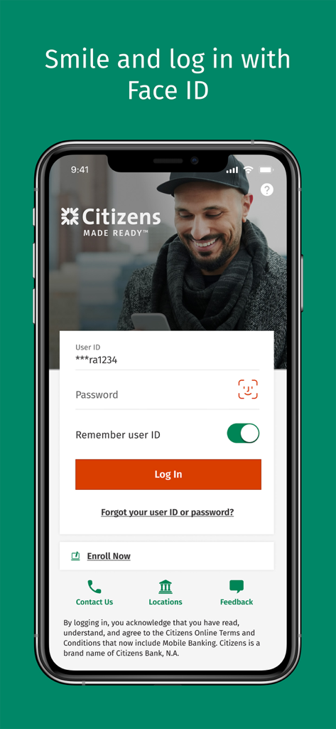 Login screen for the Citizens Bank mobile app featuring Face ID authentication and user ID input fields