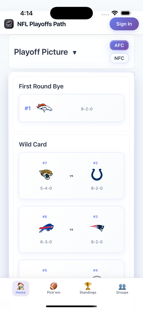 Playoff Path Football - A mobile interface of the Playoff Path Football app displaying the AFC playoff standings and matchups.