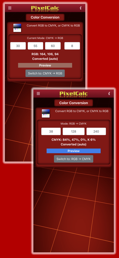 PixelCalc - PixelCalc app color conversion interface for RGB and CMYK values