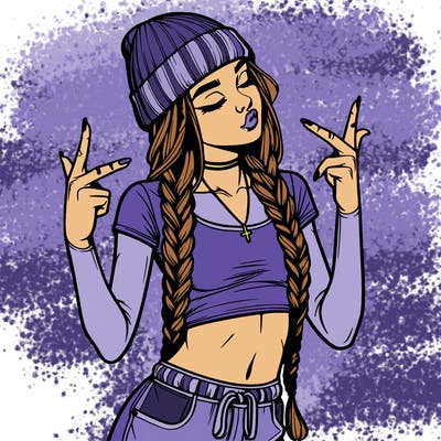 realistic teenage girl with braids and a beanie and crop top doing 🫶🏼