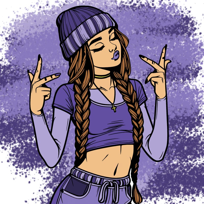 realistic teenage girl with braids and a beanie and crop top doing 🫶🏼
