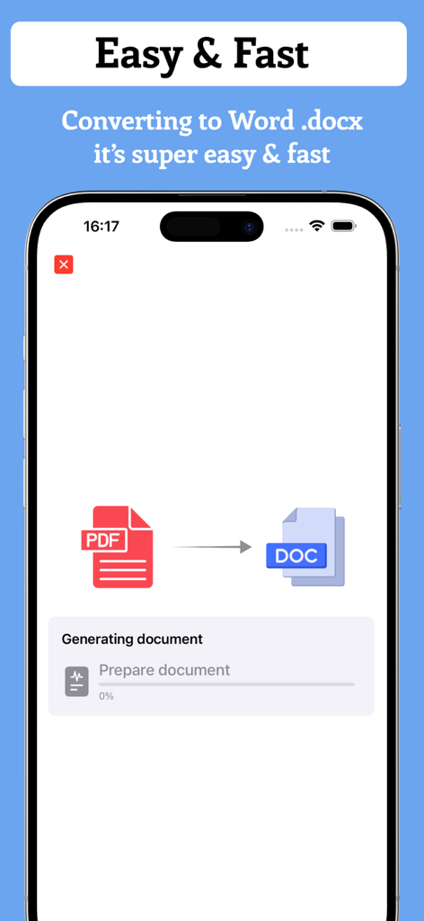 PDF to word : PDF Editable - Schermata dell'app mobile che mostra il progresso della conversione di un file PDF in un documento Word docx