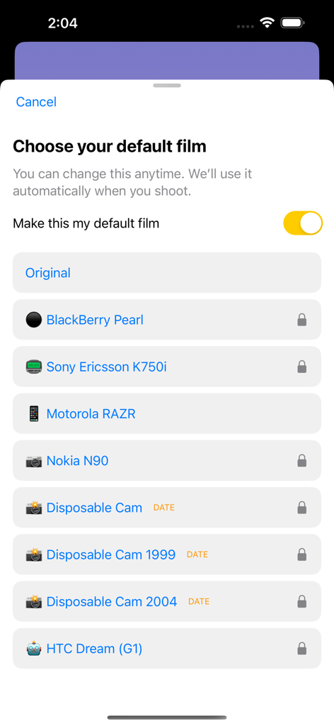 Menu for selecting retro camera and phone filters in the dCF app