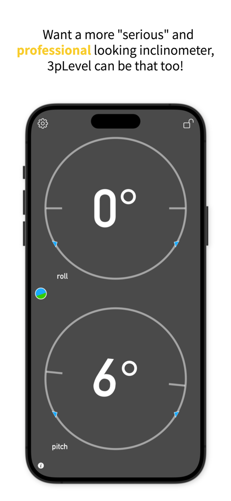 3pLevel - Inclinometer - Interfaz profesional de inclinómetro digital que muestra cero grados de balanceo y seis grados de cabeceo para todoterreno