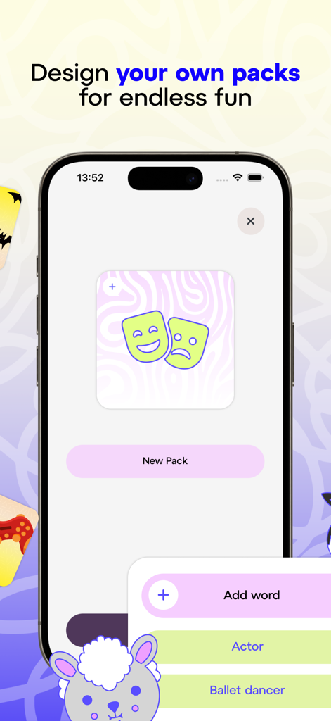 Charades - Guess Up The Word! - Pantalla móvil que muestra la interfaz para diseñar paquetes de palabras personalizados en la aplicación de juegos Charades.