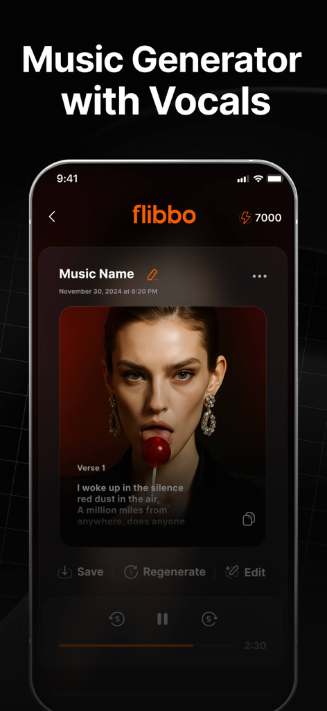 Flibbo AI - Video Image Maker - Flibbo AI mobile app interface showing a music generator with vocals and AI generated cover art