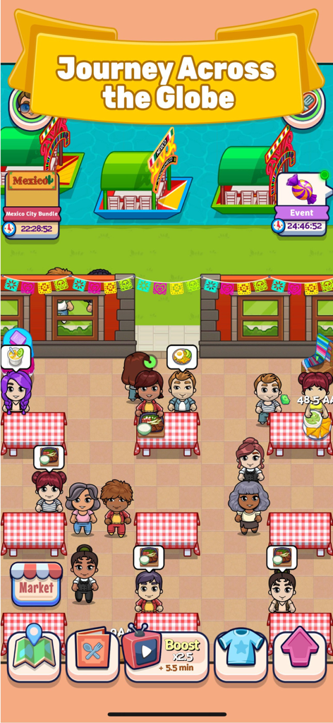 Adventure Chef - Adventure Chef mobile game showing a busy outdoor restaurant in Mexico City with customers at red checkered tables.
