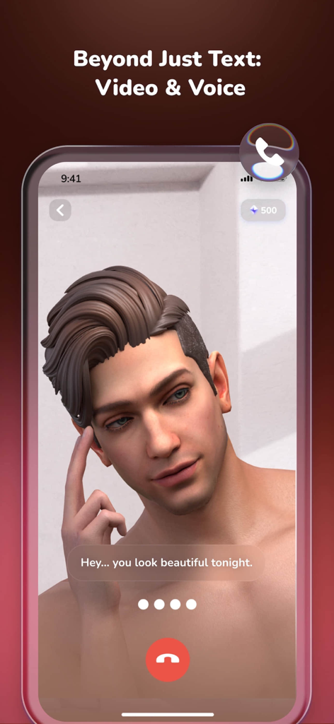 A 3D male AI companion appearing in a video call interface on the HiBae app
