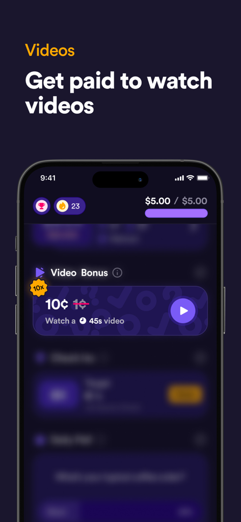Survey Spin app interface showing cash rewards for watching short videos.