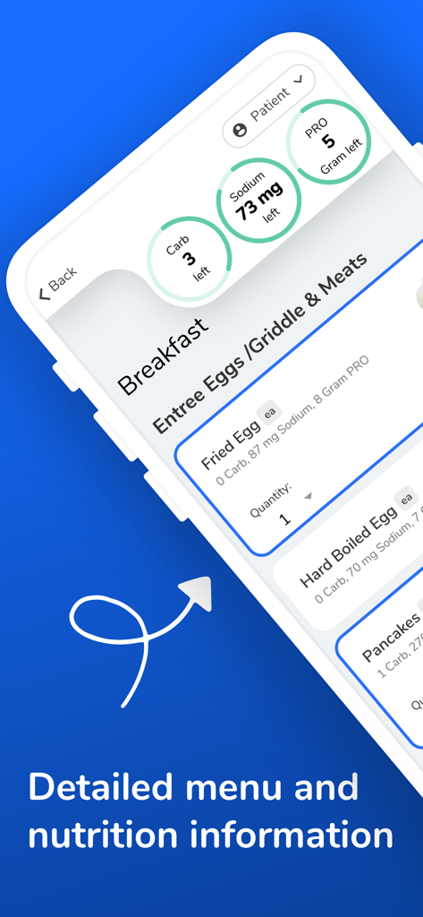 CBORD Patient - CBORD Patient app interface showing hospital breakfast menu with nutritional data for carbs sodium and protein