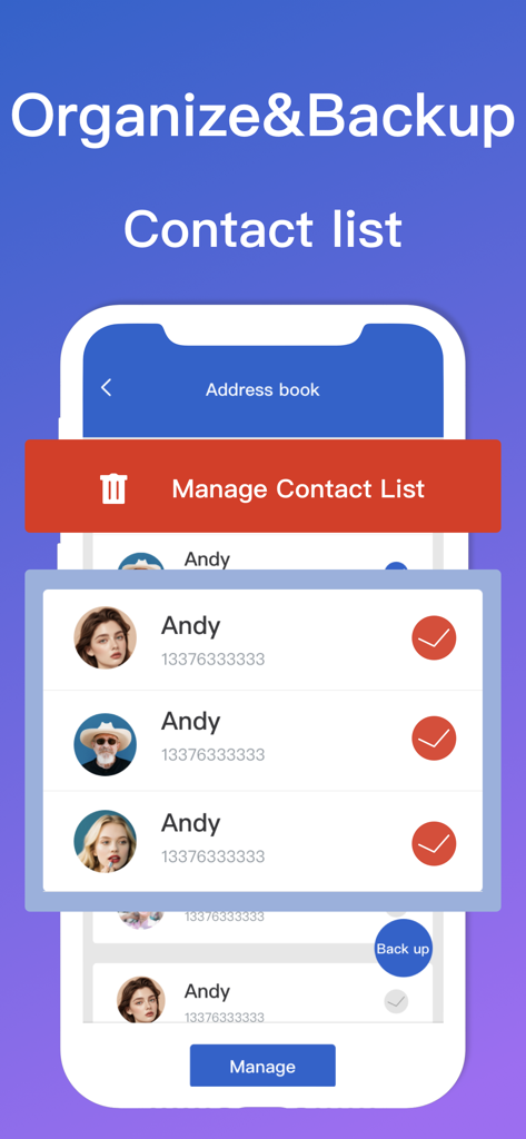 Phone Cleaner-Storage Clean up - Interfaz para organizar y hacer copias de seguridad de una lista de contactos del teléfono mostrando entradas duplicadas seleccionadas para gestión