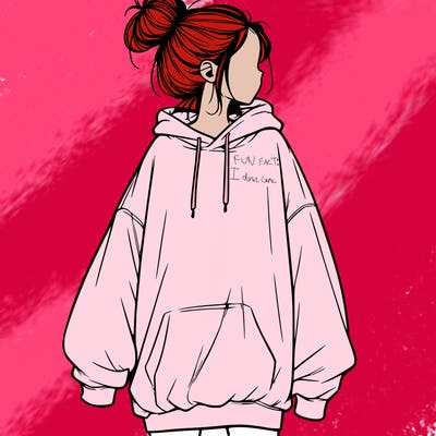 realistic girl with a oversized sweatshirt on and a bun
