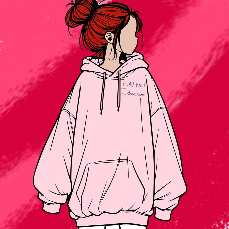 realistic girl with a oversized sweatshirt on and a bun