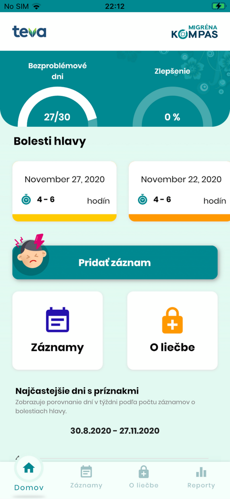 Migréna Kompas (SK) - Dashboard of the Migrena Kompas mobile app showing headache tracking statistics and migraine logs in Slovak