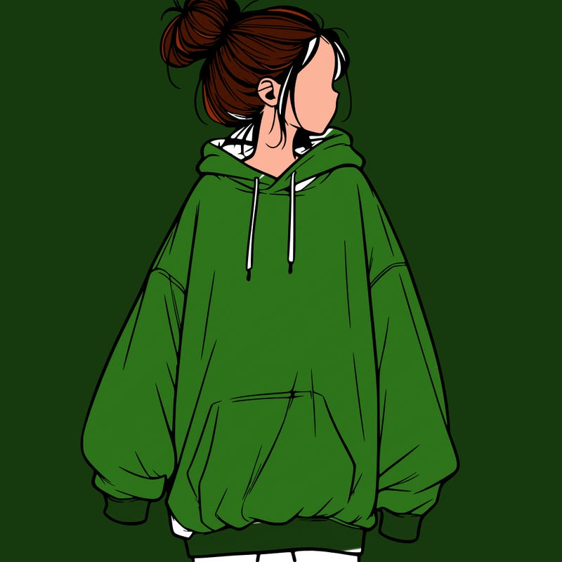 realistic girl with a oversized sweatshirt on and a bun