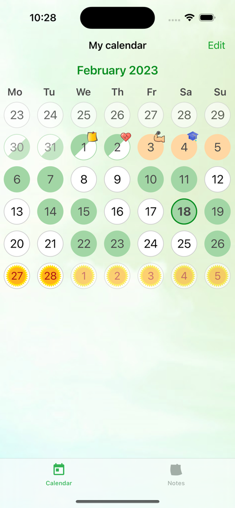 Vista del calendario mensile che mostra turni codificati a colori e icone di eventi.