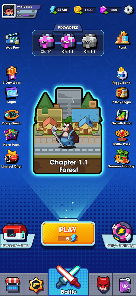 Hero Survival IO - Hero Survival IO main lobby screen showing chapter selection and game rewards