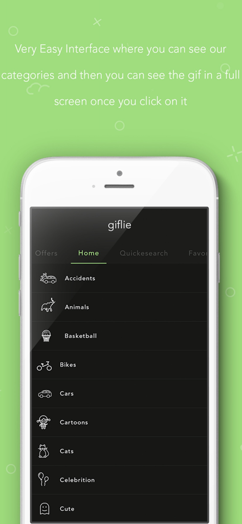 For Whatsapp - Funny gif gifs - The home screen of the Giflie app featuring a list of GIF categories on a dark interface.