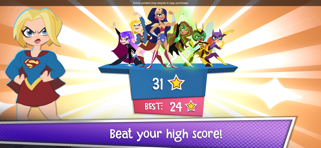 DC Super Hero Girls characters posing together with a high score star count on screen