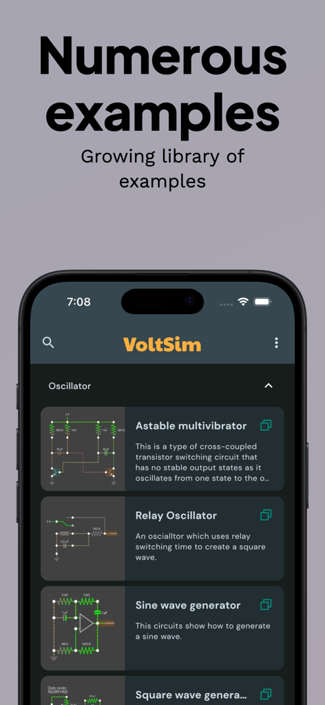 VoltSim - circuit simulator - Uma interface móvel para o VoltSim mostrando uma biblioteca de exemplos de circuitos incluindo osciladores e geradores de onda senoidal.