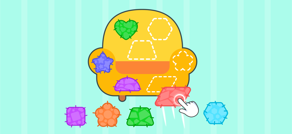 教育アプリで、幼児が黄色のアームチェアの輪郭にカラフルな幾何学的な形を合わせている様子。