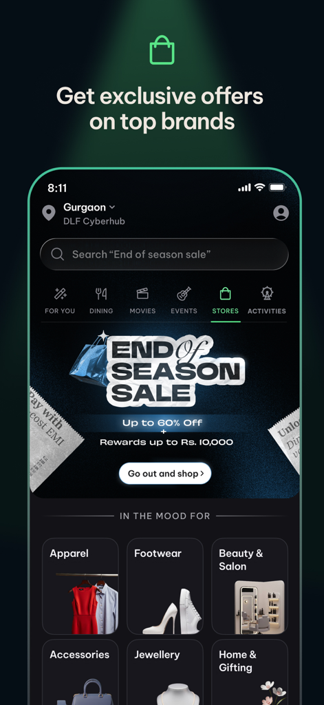 District: Movies Events Dining - District mobile app interface showing end of season sale and shopping categories like apparel and footwear