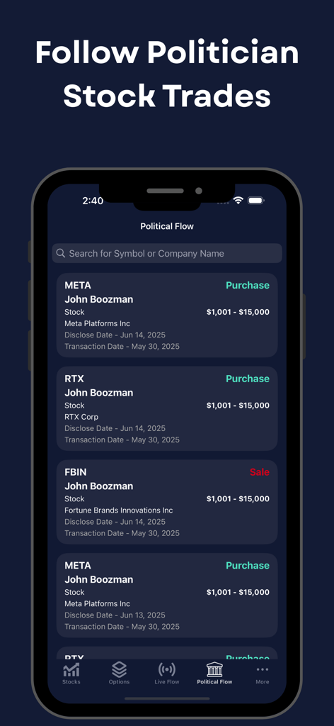 Autopilot AI Stocks Alerts - A mobile phone screen displaying the political trades tracking feature of the Autopilot AI Stocks Alerts app showing stock purchases by politicians.