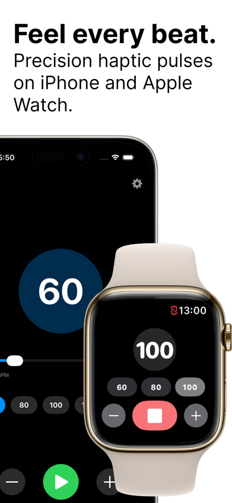 Pulse: Metronome Haptic+Quiet - Pulse Metronom App-Oberfläche auf iPhone und Apple Watch mit Anzeige von Tempo und Haptik-Einstellungen