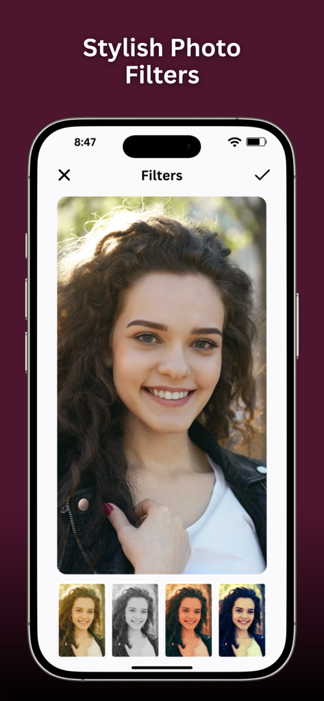 Photo Edit Studio++ - iPhone screen showing the stylish filters interface in Photo Edit Studio app