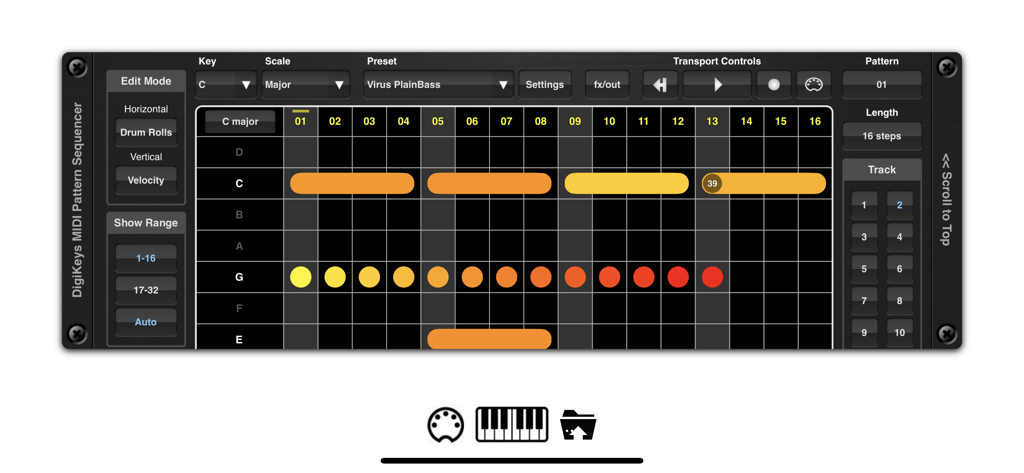 DigiKeys AUv3 Sequencer Plugin - Interface do aplicativo sequenciador MIDI AUv3 DigiKeys, mostrando a grade de edição de padrões com notas em Dó maior